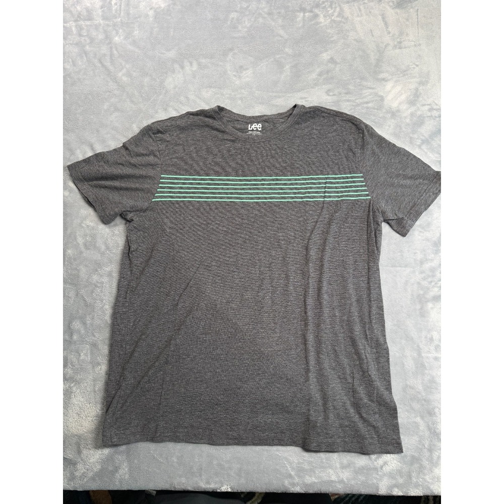 Lee Premium T-Shirt Men's Large Dark Gray Green Striped Pima Cotton Crew Neck